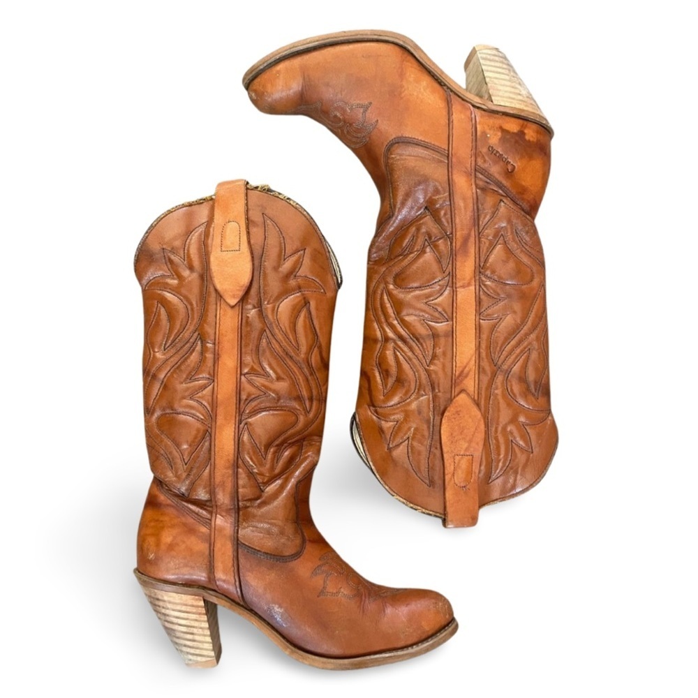 Vintage Capezio Tan Brown Leather Embroidered Western Heeled Boots USA Made 6.5